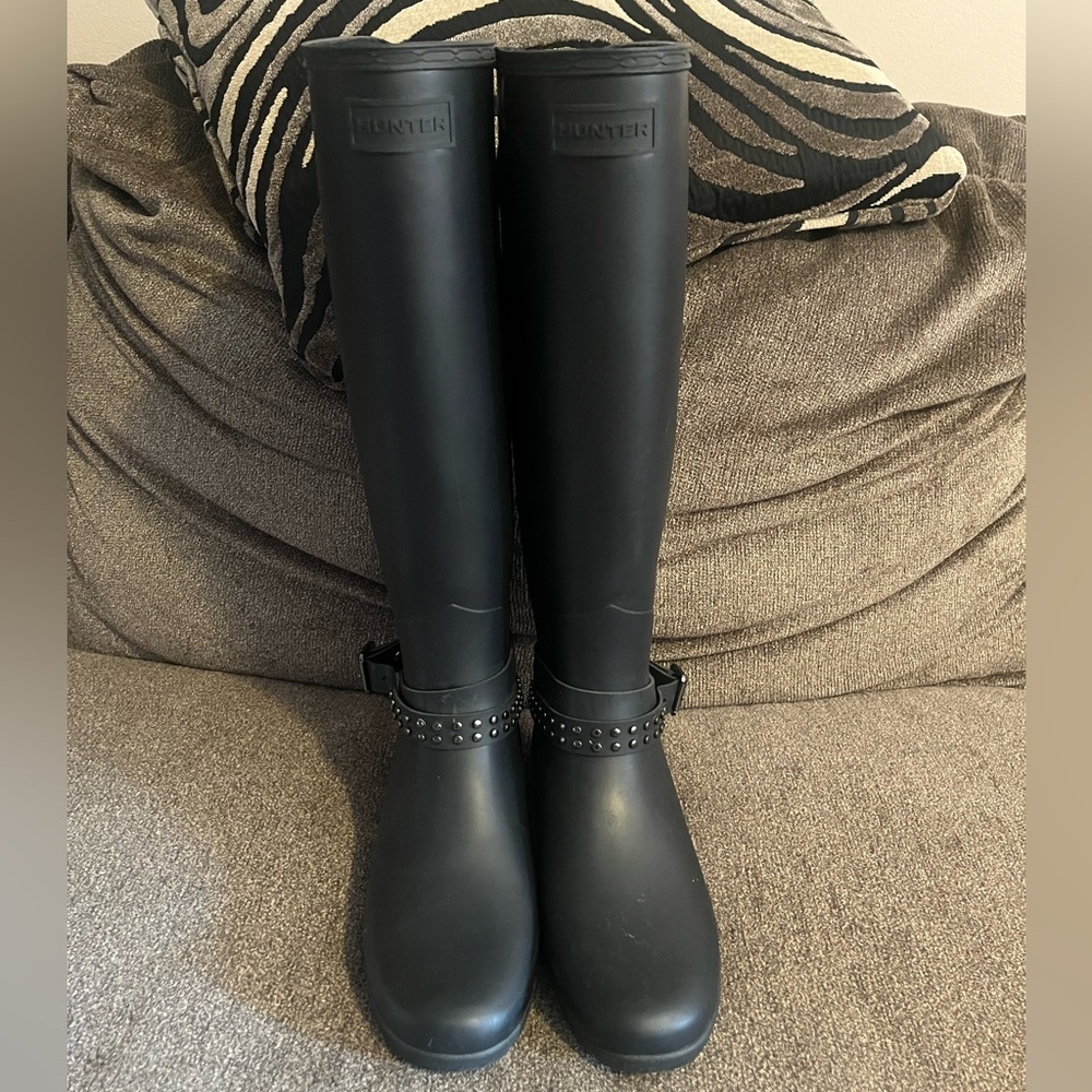 Hunter Black Women's Rain Boots with Studded Strap